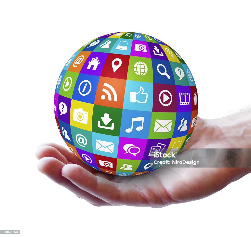 Image of a man's hand holding a three-dimensional illustrated ball of graphic Internet icons.  The man's hand is outstretched, and the ball rests on the palm.  The ball is approximately the size of a softball, and the images are arranged in grid fashion of eight rows and eight columns visible.  The icon symbols include "email," "search," "help," "chat," "music," "@," "download," "home" and others.  The icons are in white and centered in each visible cell of the grid on the ball.  Background colors of the cells on the ball are shades of purple, red, green, blue, turquoise, salmon, maroon and magenta.  The background is white.